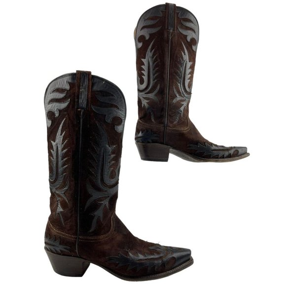 Lucchese Shoes - Vintage Ladies Lucchese USA Brown / Black Suede Snip Toe Western Boots Size 9